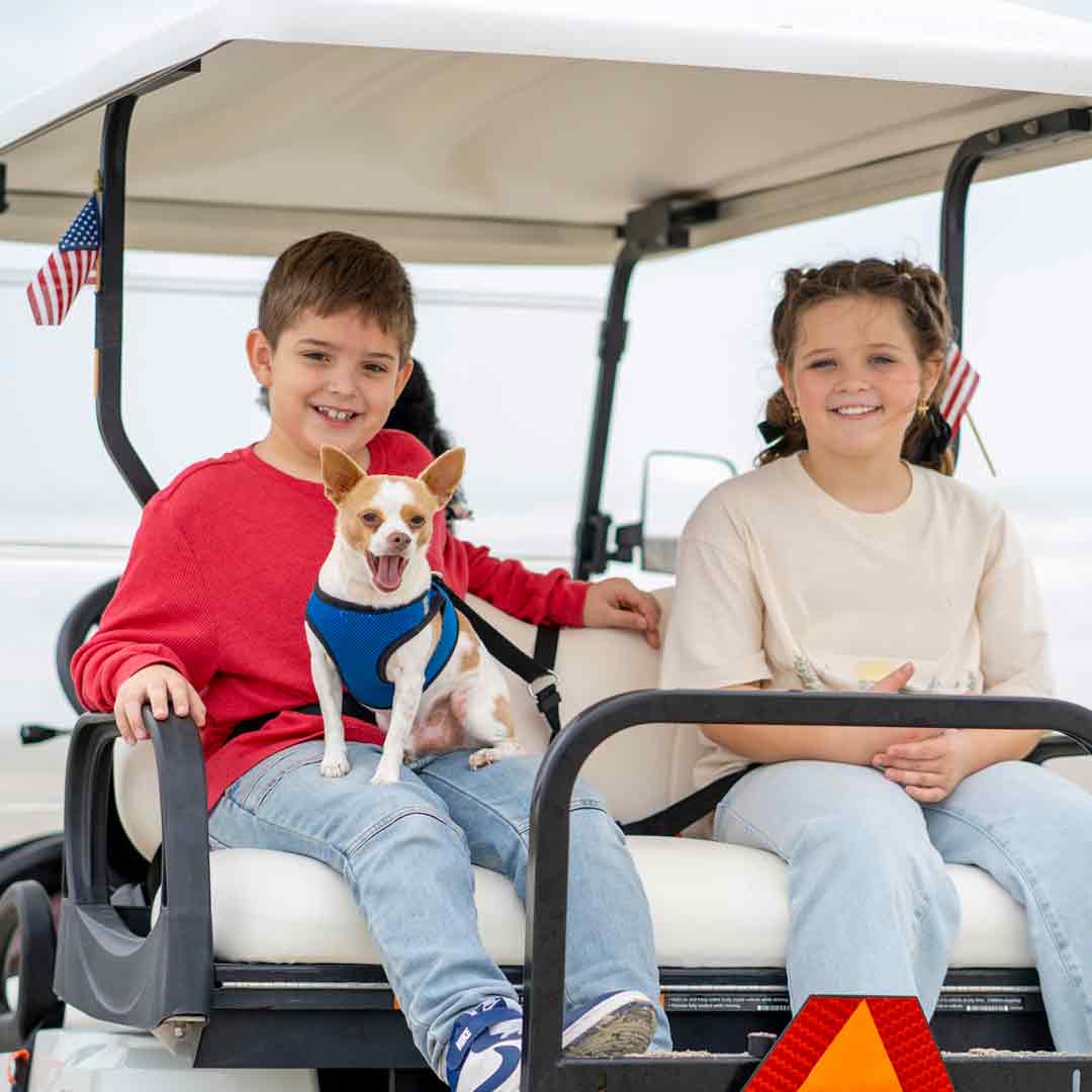 Boy and girl with a dog using a K9 Tag-A-Long tether in a golf cart
